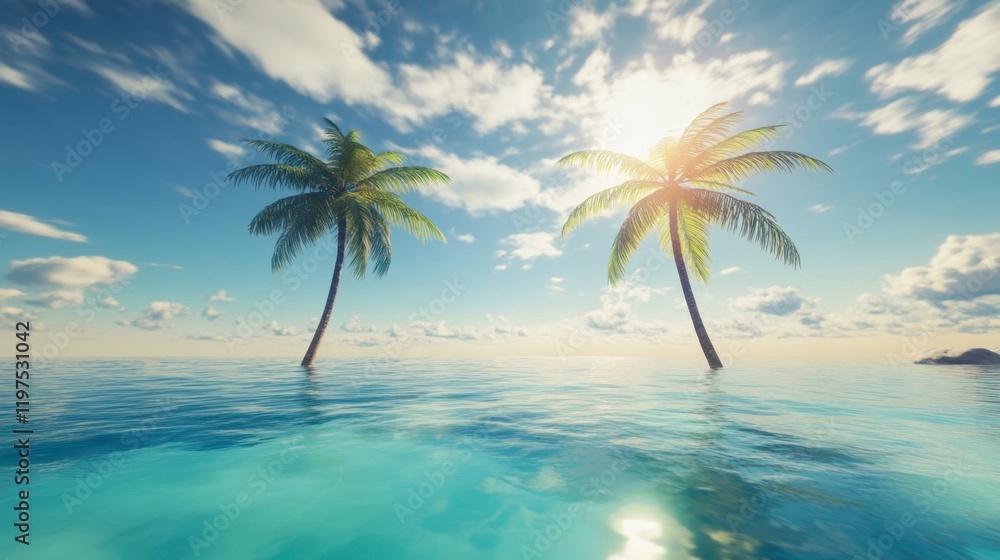 Obraz premium A tropical paradise with twin palm trees by the ocean, under a bright blue sky with scattered white clouds, evoking a sense of tranquility.