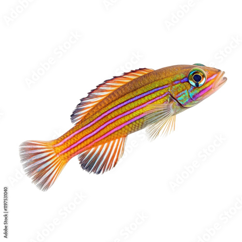 Colorful six line wrasse fish with iridescent scales swimming gracefully. This vibrant marine creature showcases stunning hues and intricate patterns, making it captivating sight underwater photo