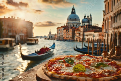 Enjoying pizza by the Grand Canal at sunset with gondolas drifting by in Venice photo