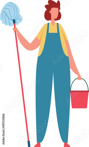 Professional cleaning service worker holding a mop and bucket, dressed in a uniform, preparing to tackle household chores and ensure a spotless and hygienic home environment