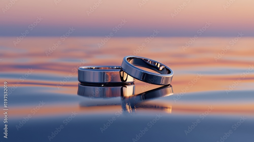 Obraz premium Elegant wedding rings on calm water surface at sunset, reflecting soft colors and creating a romantic atmosphere for love and commitment celebrations