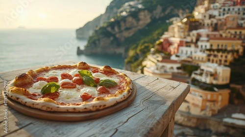 Rustic pizza overlooking the Amalfi Coast, a serene sunset on the Mediterranean Sea