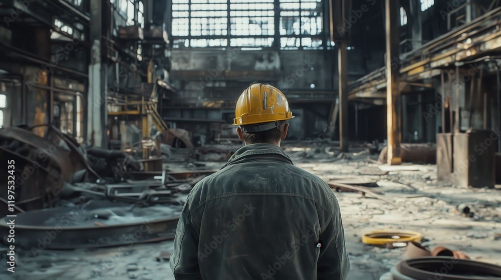 A weathered industrial worker stands amidst the ruins of an abandoned factory, their worn clothing and hardened expression telling a story of resilience and history in the gritty, decayed surroundings A weathered industrial worker stands amidst the ruins of an abandoned factory, their worn clothing and hardened expression telling a story of resilience and history in the gritty, decayed surroundings