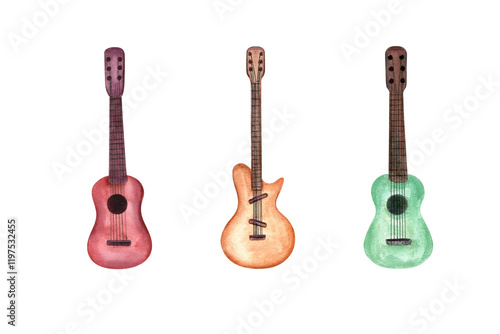 Wallpaper Mural Watercolor color musical instrument, six string electric and acoustic guitar clip art illustration. Classical guitars set for music website design, cards, music lesson posters, stickers Torontodigital.ca