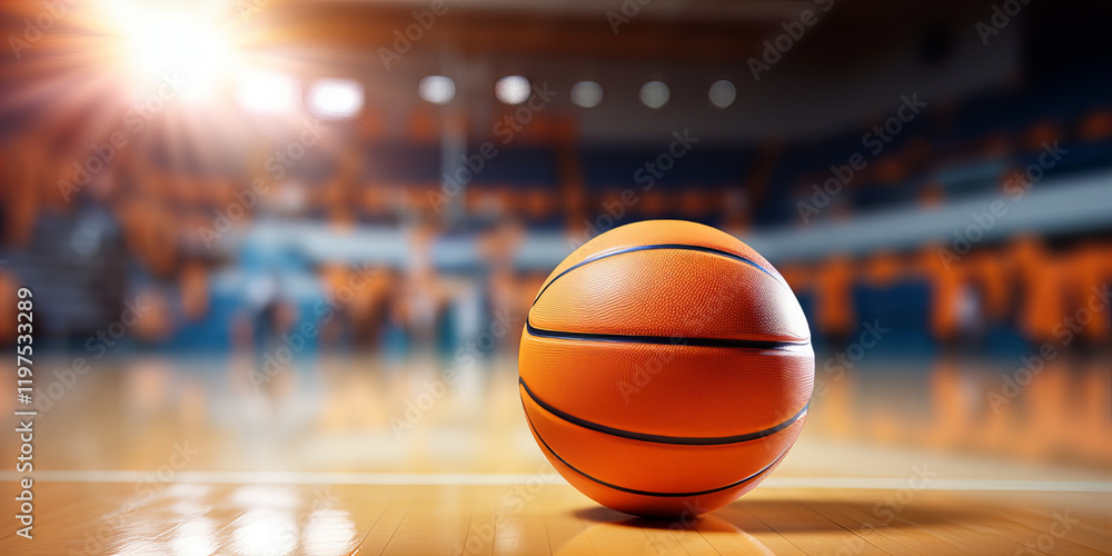 View of basketball ball placed at the center of the court in the arena. View of basketball ball placed at the center of the court in the arena.