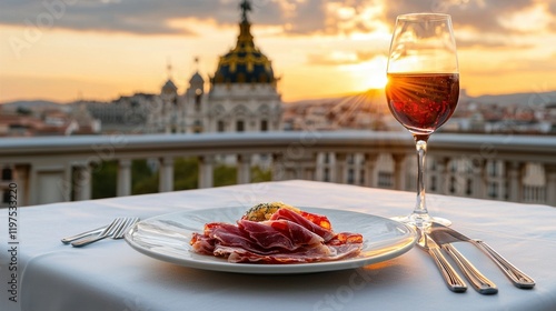 Enjoying Jamon Iberico with a sunset view of the Royal Palace in Madrid