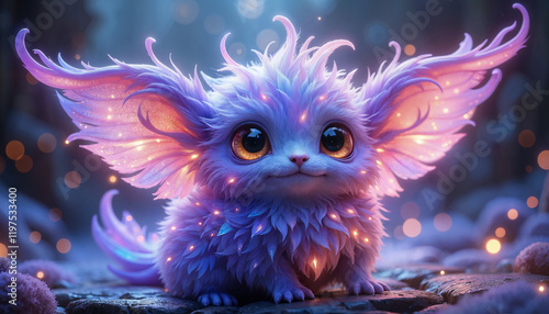 Beautiful magical fantasy whimsical creature composed entirely of vibrant, iridescent feathers that shimmer with a plasma energy glow	