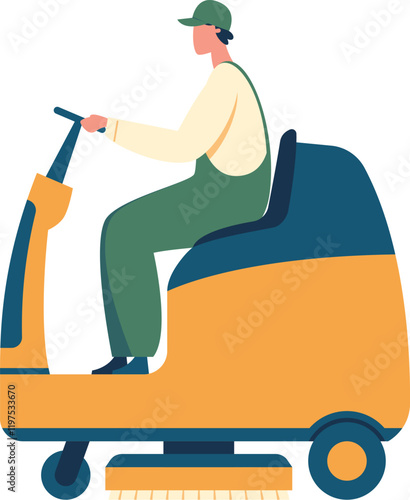 Cleaning staff member operating a professional floor scrubber while wearing a uniform and cap, ensuring hygiene and disinfection of public place floors, vector illustration
