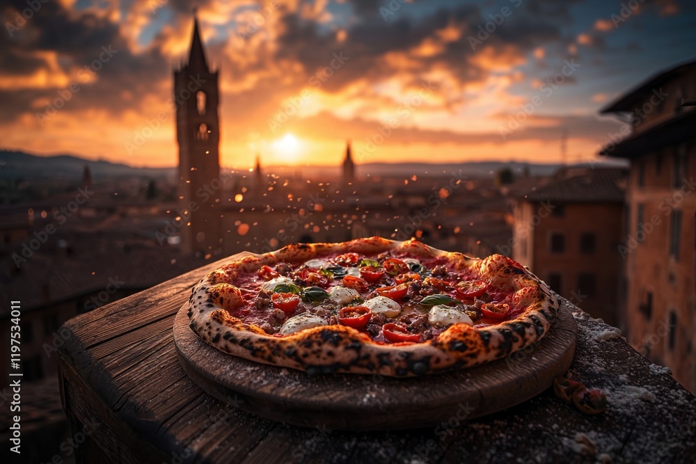 Naklejka premium Rustic pizza topped with fresh tomatoes and mozzarella in Piazza del Campo at sunset in Siena, Italy