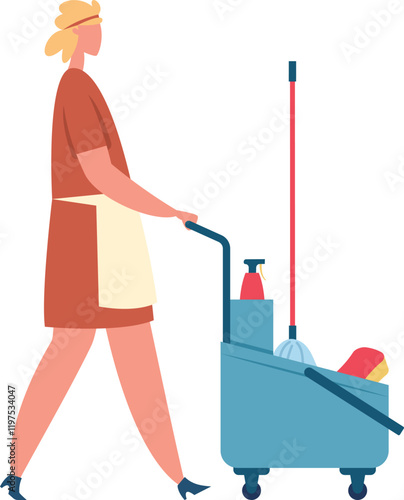 Cleaning lady walking while pushing a cart filled with various cleaning supplies, including cleaning products, a mop, and a sponge, showcasing dedication to maintaining hygiene and cleanliness