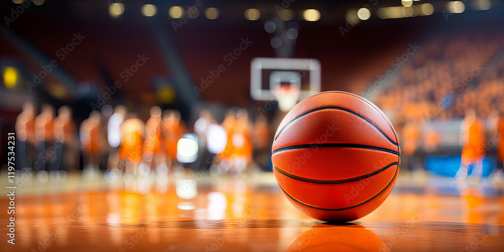 View of basketball ball placed at the center of the court in the arena. View of basketball ball placed at the center of the court in the arena.