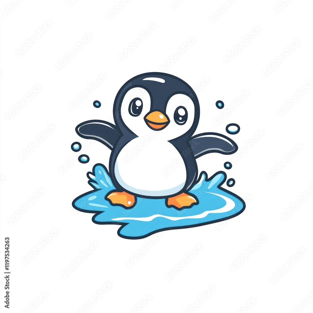 Obraz premium Happy penguin splashing in puddle, children's book illustration
