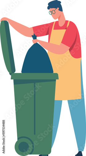 Janitor wearing an apron and glasses tossing a full garbage bag into a wheeled bin, emphasizing waste management and recycling efforts while promoting cleanliness and hygiene