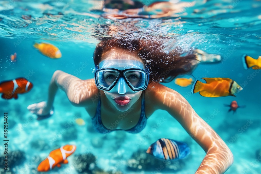 Naklejka premium Girl Snorkeling in Crystal-Clear Waters with Colorful Marine Life