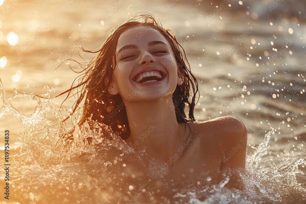Obraz premium Girl Splashing in Shallow Waves, Laughing Joyfully