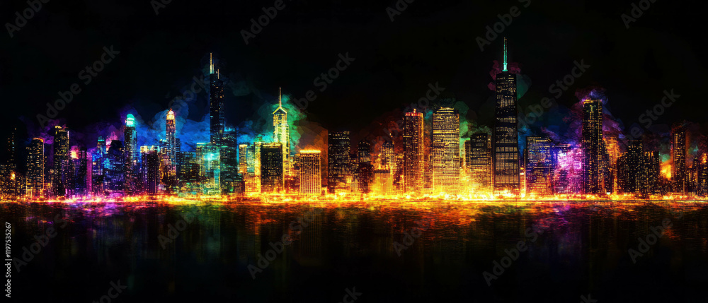 Obraz premium Vibrant cityscape night lights create a dynamic overlay texture against a black background