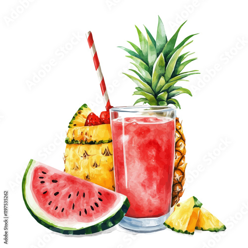 A watercolor of watermelon mint juice, isolated on a white background. Juice vector.
