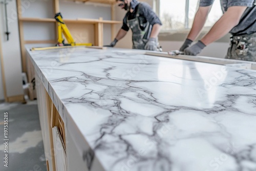 A new marble countertop is being installed in a kitchen, replacing the old surface with a sleek and luxurious finish.