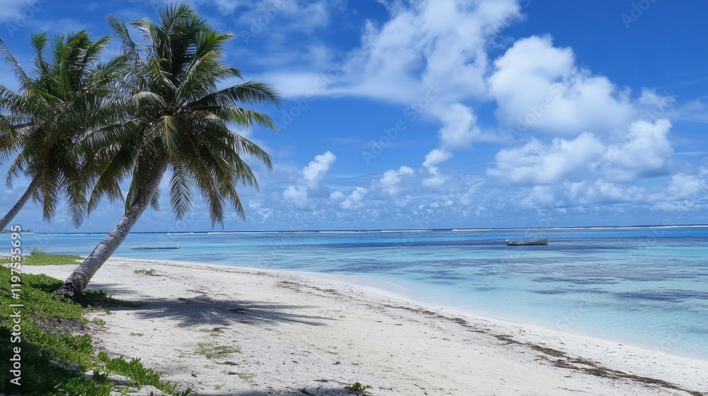 Twin palm trees on a pristine beach, overlooking the calm ocean under a clear blue sky with scattered clouds. Twin palm trees on a pristine beach, overlooking the calm ocean under a clear blue sky with scattered clouds.