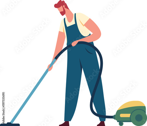 Professional cleaning service worker wearing blue overalls using a vacuum cleaner during his work shift, cleaning company services, hygiene and cleanliness concept