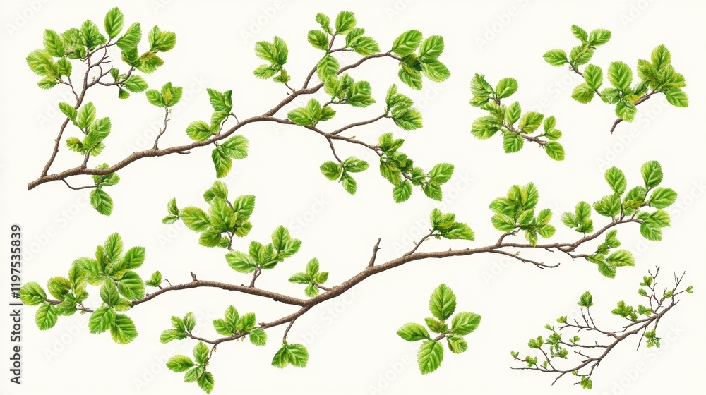 Fototapeta premium Green Leaves on Branches with White Background for Nature Design