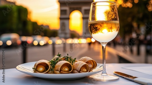 Fototapeta Naklejka Na Ścianę i Meble -  Indulging in escargots and white wine with a stunning view of the Arc de Triomphe at sunset on the Champs-Elysees