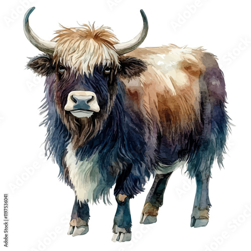 A watercolor clipart of a yak, isolated on a white background. Animal vector.

