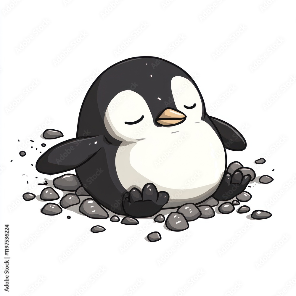 Obraz premium Sleepy penguin resting on rocks, Antarctic background, children's illustration