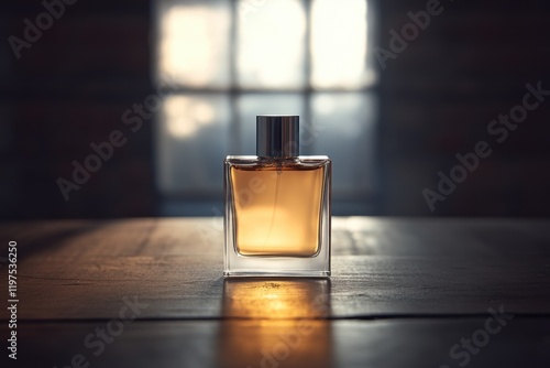 Golden essence captured in a glass bottle on a rustic wooden table by soft window light
