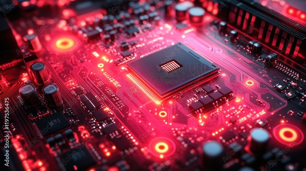 Close-up of a computer motherboard with a lit up CPU. Close-up of a computer motherboard with a lit up CPU.