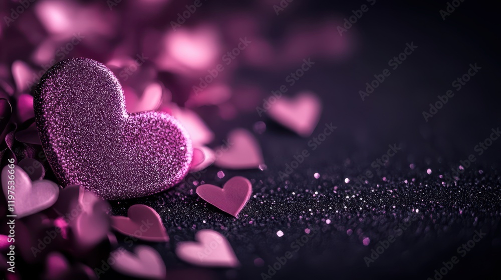 Fototapeta premium Sparkling purple heart glitters dance on a dark canvas, surrounded by delicate pink hearts, creating a whimsical Valentine's Day dreamscape.