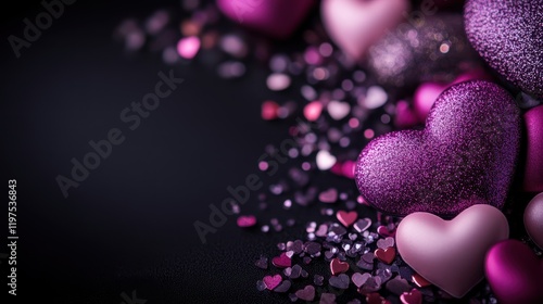 A playful arrangement of purple and white hearts dances across a dark canvas, creating a charming contrast that captures the essence of love and romance.
