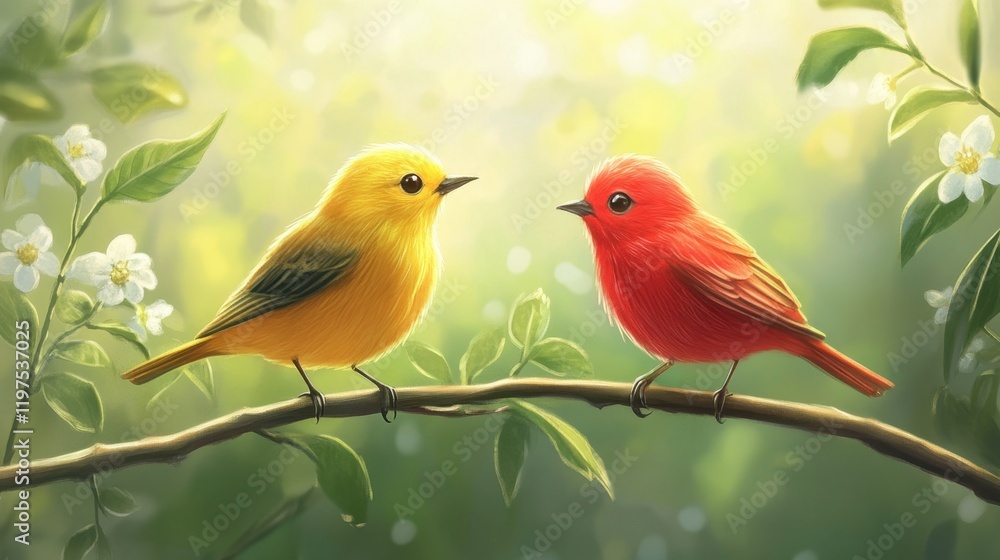 Obraz premium Two colorful birds, yellow and red, perched on a branch with a soft green background, creating a peaceful and vibrant nature scene.