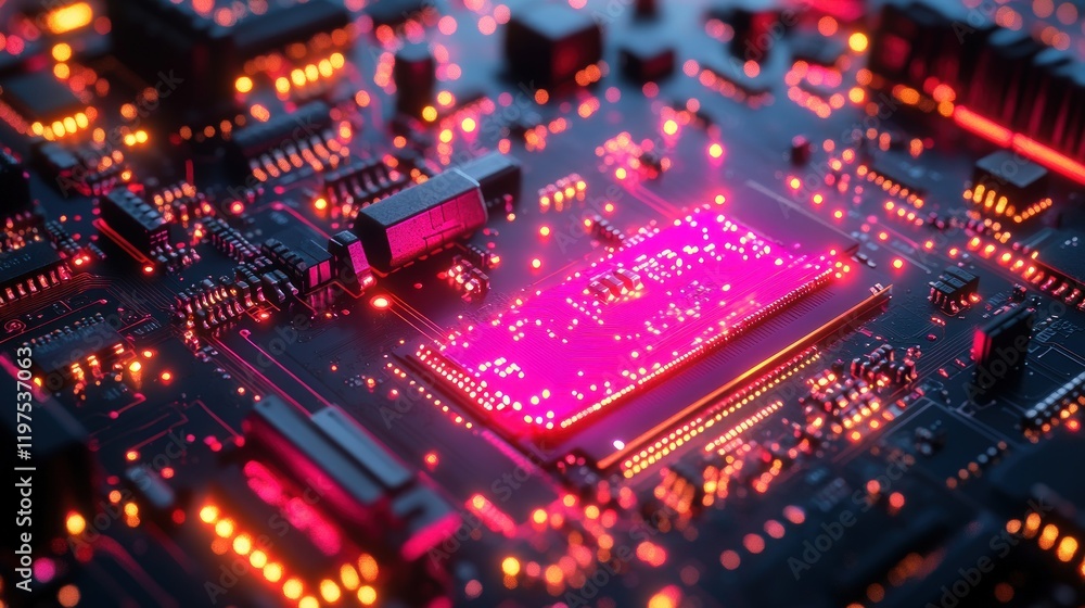 Close-up of a glowing pink circuit board with integrated circuits and wires, illuminated by orange light. Close-up of a glowing pink circuit board with integrated circuits and wires, illuminated by orange light.