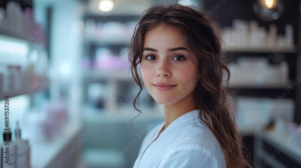 A young woman with long brown hair smiles and looks at the camera while wearing a white robe in a beauty salon. A young woman with long brown hair smiles and looks at the camera while wearing a white robe in a beauty salon.