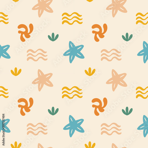 Boho Organic Summer Pattern. Abstract Beach Hand Drawn Background. Boho Sun And Palm Print. Vector Illustration Cutout Naive Style. Ocean Coral Sun Seamless Pattern for Textile. Modern Groovy Bg.