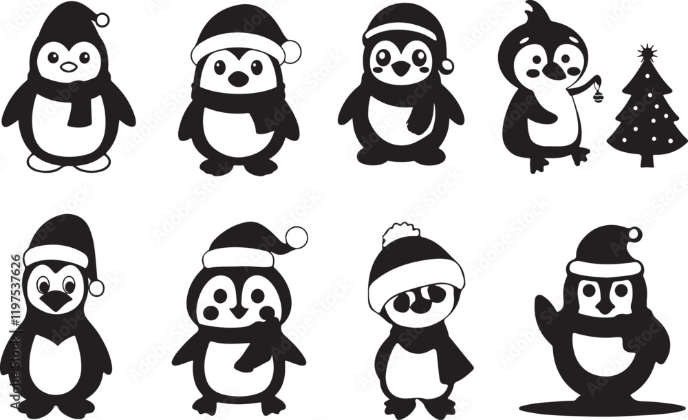 Obraz premium vector of cute penguins in christmas silhouettes
