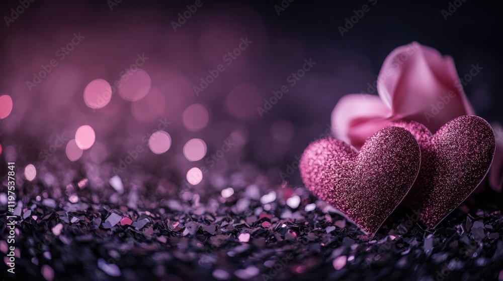 Fototapeta premium Deep purple hearts glow against a dark canvas, illuminated by soft pink lights, creating a romantic ambiance perfect for Valentine's Day celebrations.