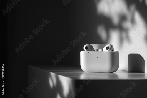 Elegant wireless earbuds resting on a wooden surface bathed in soft shadows during a tranquil afternoon