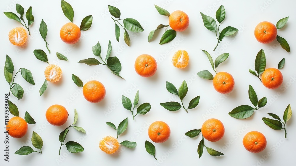 Fresh Citrus Fruits and Green Leaves Arranged on White Background Fresh Citrus Fruits and Green Leaves Arranged on White Background