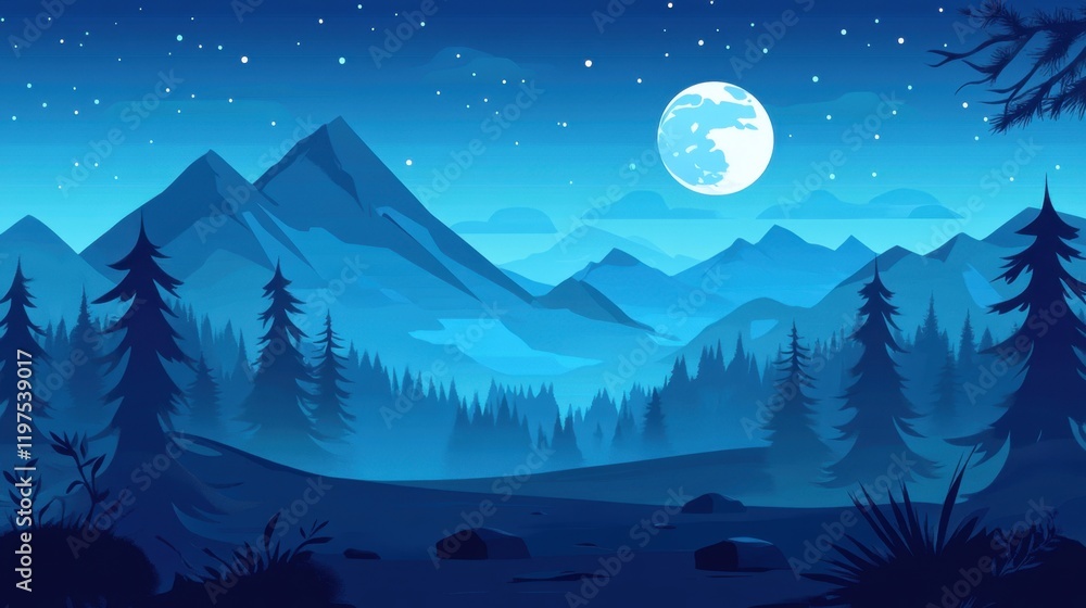 Fototapeta premium Serene Night Landscape with Mountains and Moonlight in Blue Hues