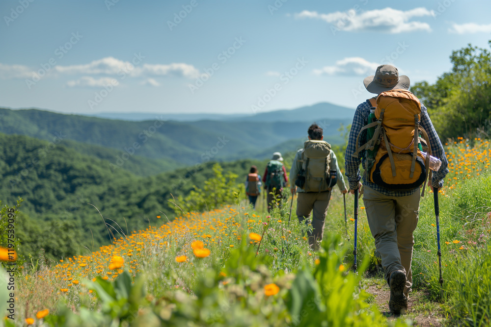 A group of people are hiking in a field with mountains in the background A group of people are hiking in a field with mountains in the background