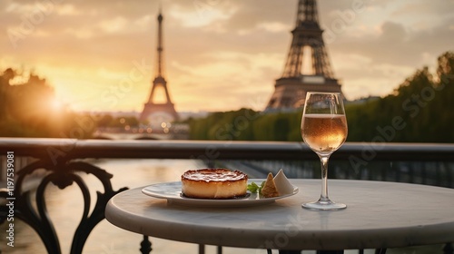 Enjoying creme brulee with a view of the Eiffel Tower during a golden Parisian sunset