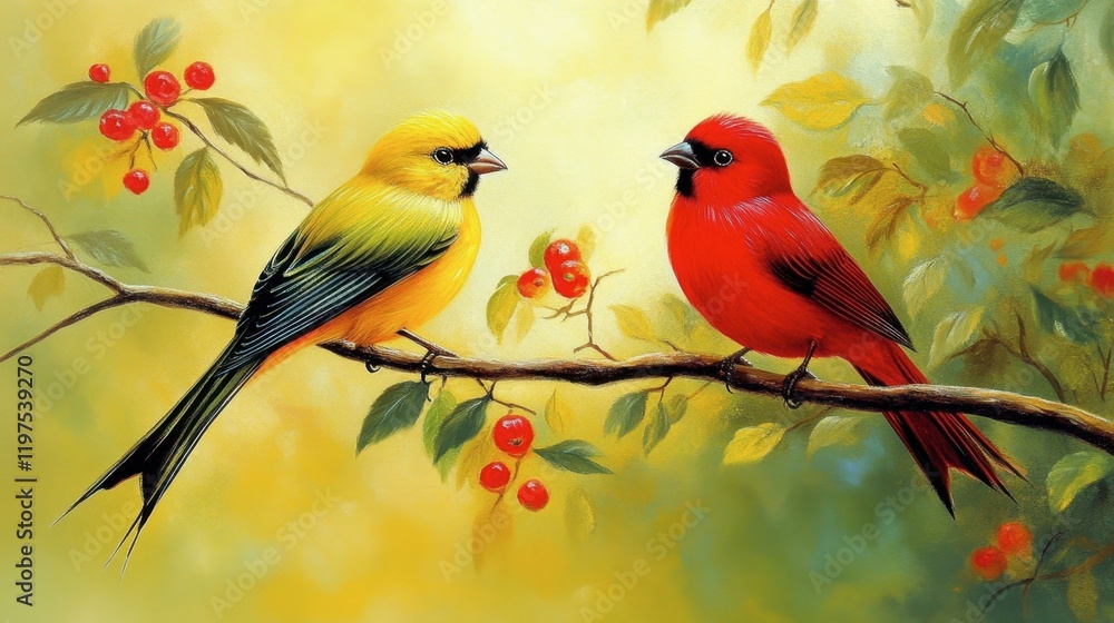 Obraz premium Yellow and red birds perched on a branch, their vivid hues beautifully contrasted by the soft, lush green background of the forest.