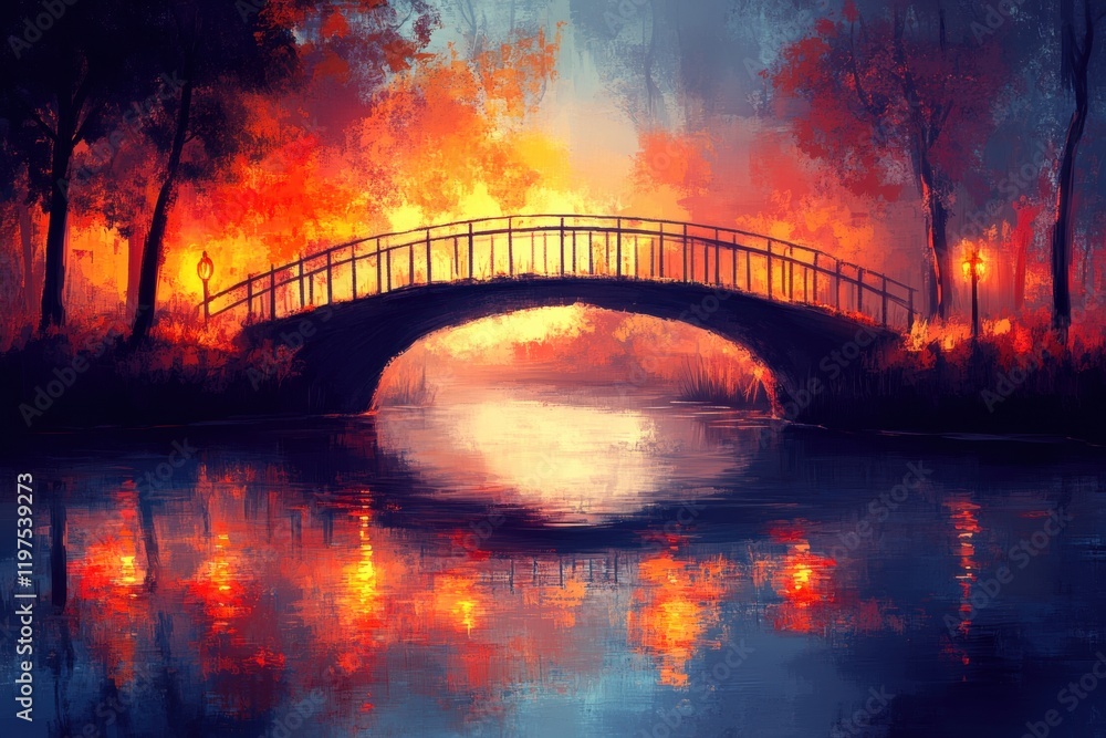 Naklejka premium Serene Sunset Overbridge Reflection in Tranquil Water Landscape