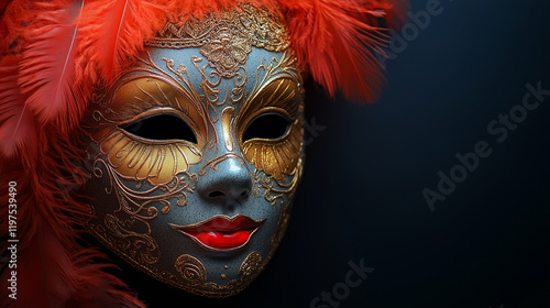 A luxurious Venetian carnival mask adorned with intricate gold patterns and vibrant red feathers, capturing the elegance and artistry of traditional festive masquerades. photo