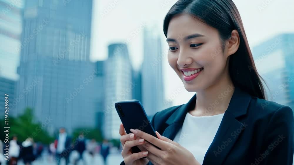 A smiling Asian businesswoman with a smartphone in the center of the city's business district. A joyful businesswoman shares her journey, inspiring others in the city center. A smiling Asian businesswoman with a smartphone in the center of the city's business district. A joyful businesswoman shares her journey, inspiring others in the city center.