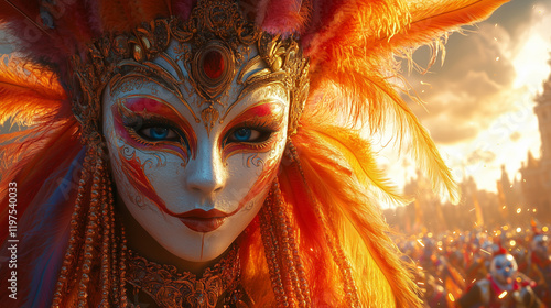 A striking carnival mask with intricate golden patterns, fiery orange feathers, and bold red accents, set against a lively festival backdrop with glowing sunlight and vibrant celebratory energy. photo