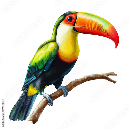 A watercolor drawing of a toucan, isolated on a white background. Bird vector.
