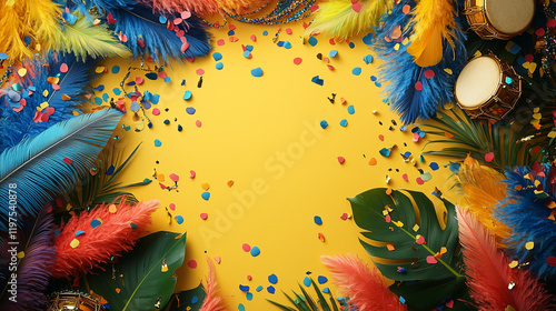 A vibrant carnival-themed flat lay featuring colorful feathers, confetti, tropical leaves, and golden drums on a bright yellow background, evoking the festive energy of a Rio Carnival celebration.